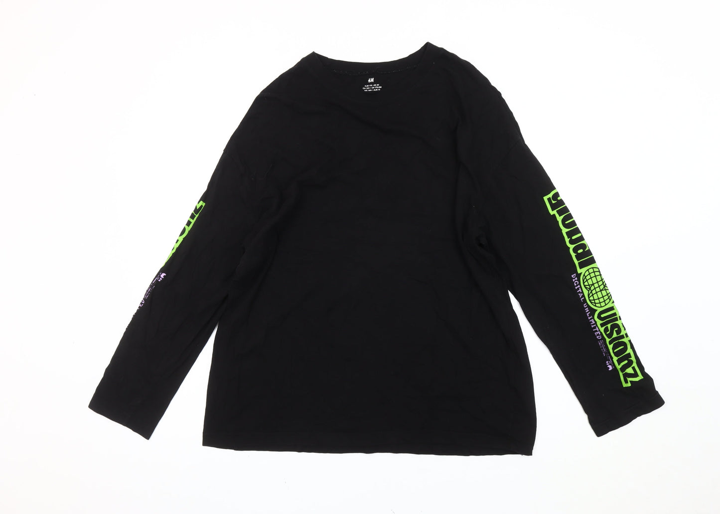 H&M Boys Black Long Sleeve Graphic Logo T-Shirt Size 14+ Cotton