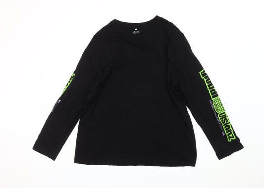 H&M Boys Black Long Sleeve Graphic Logo T-Shirt Size 14+ Cotton