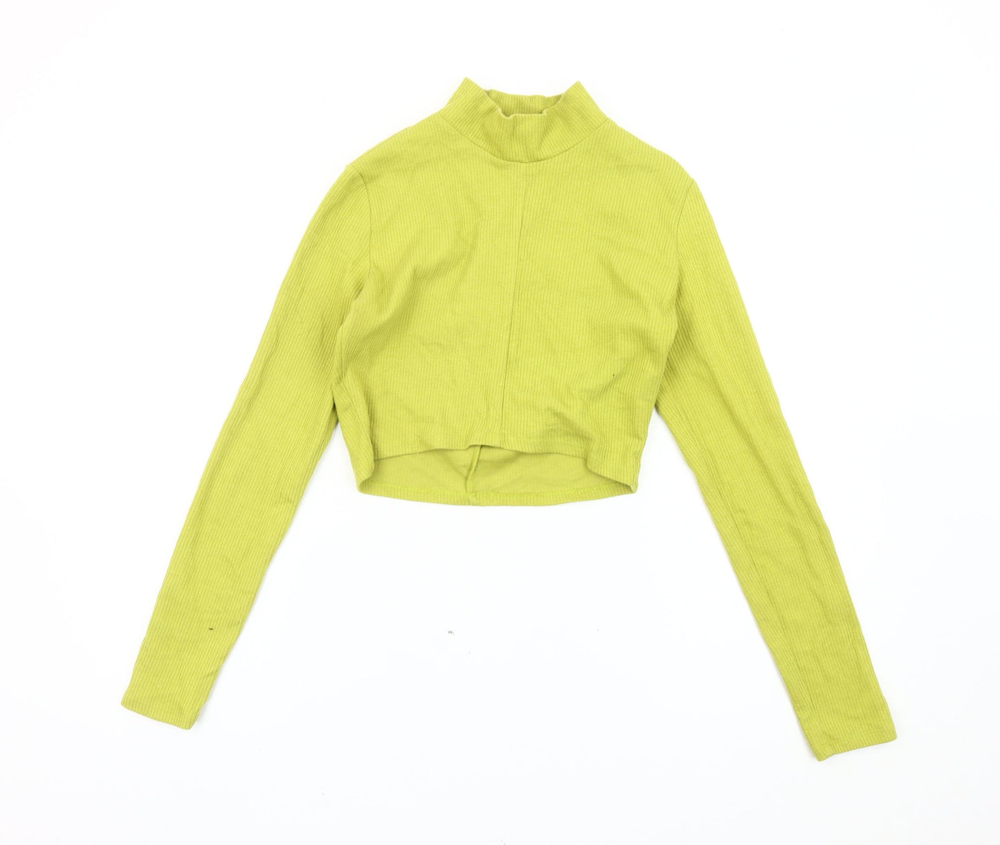 Bershka Women Green Cropped Mock Neck Long Sleeve Slim Fit Top L