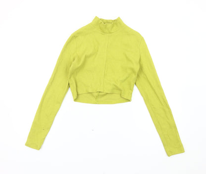 Bershka Women Green Cropped Mock Neck Long Sleeve Slim Fit Top L