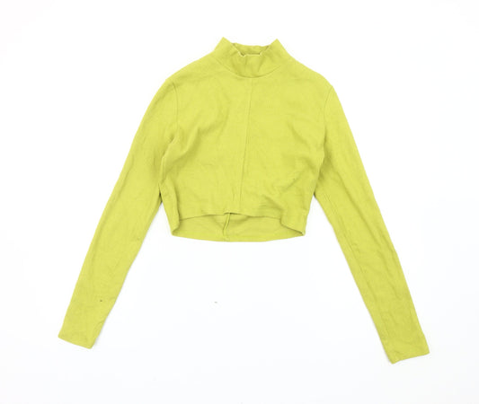 Bershka Women Green Cropped Mock Neck Long Sleeve Slim Fit Top L