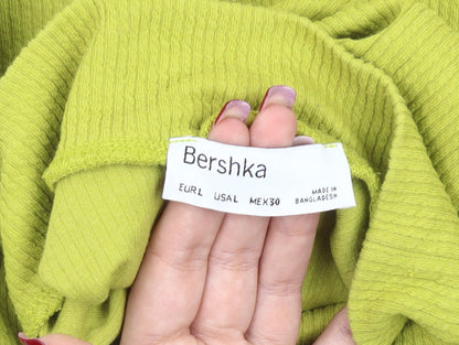 Bershka Women Green Cropped Mock Neck Long Sleeve Slim Fit Top L