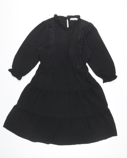 Monteau Women Black A-Line Knee Length Dress Size M High Neck Lace