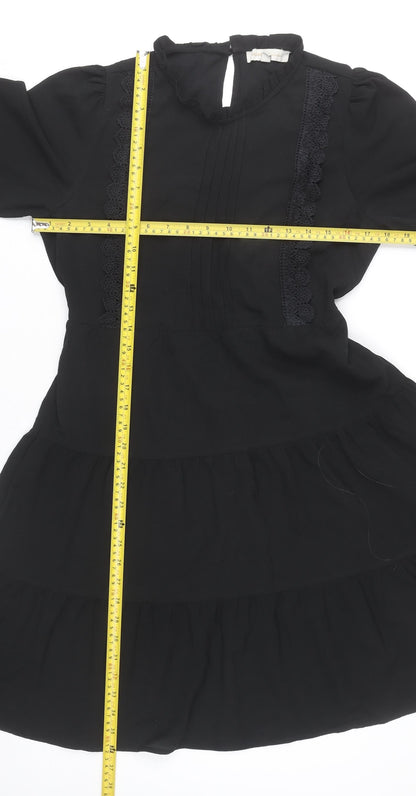 Monteau Women Black A-Line Knee Length Dress Size M High Neck Lace