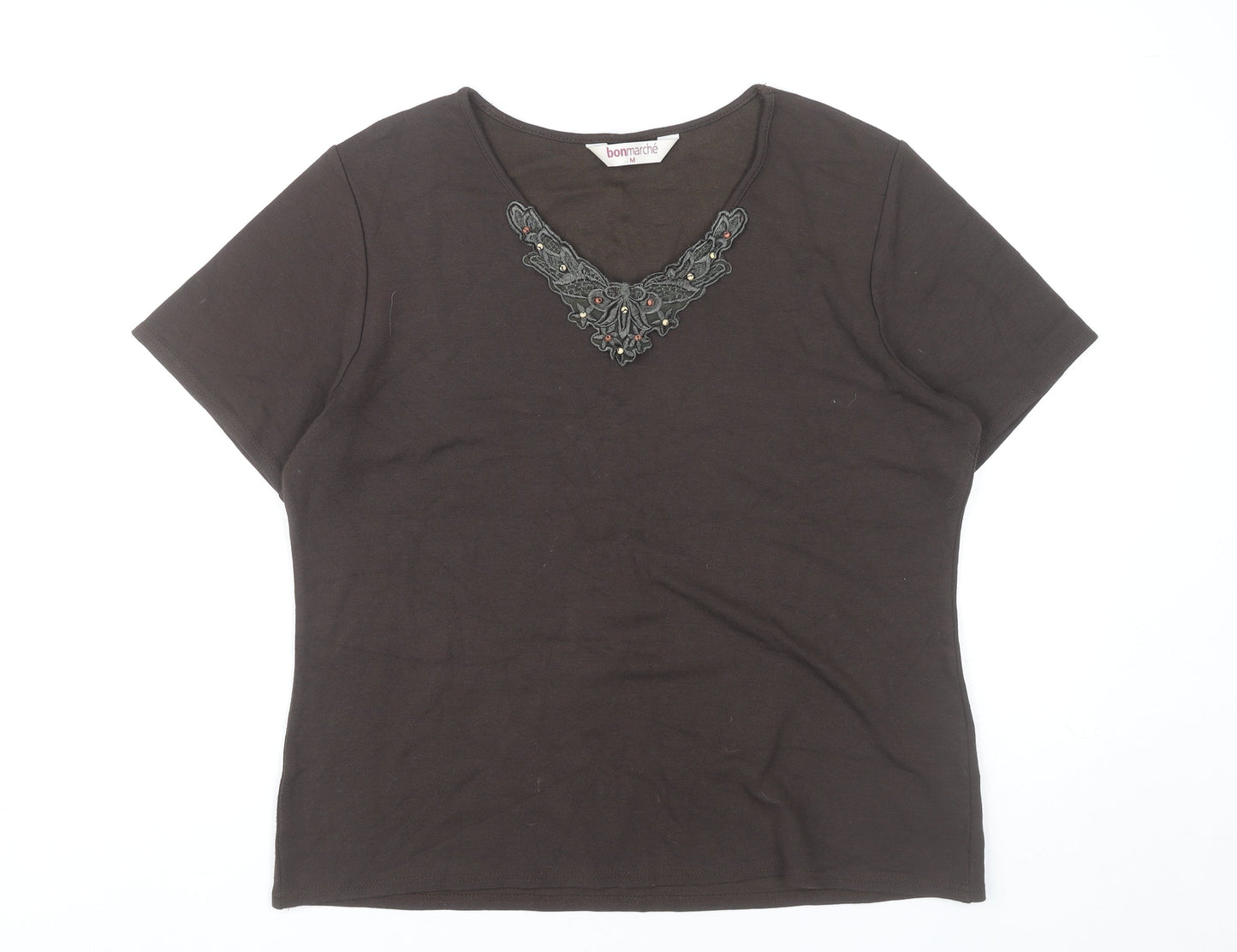 Bonmarché Women’s Brown Embroidered V-Neck Short Sleeve T-Shirt Size 12