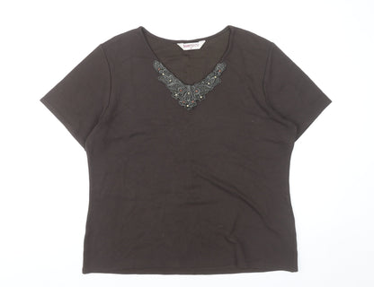 Bonmarché Women’s Brown Embroidered V-Neck Short Sleeve T-Shirt Size 12