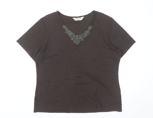 Bonmarché Women’s Brown Embroidered V-Neck Short Sleeve T-Shirt Size 12