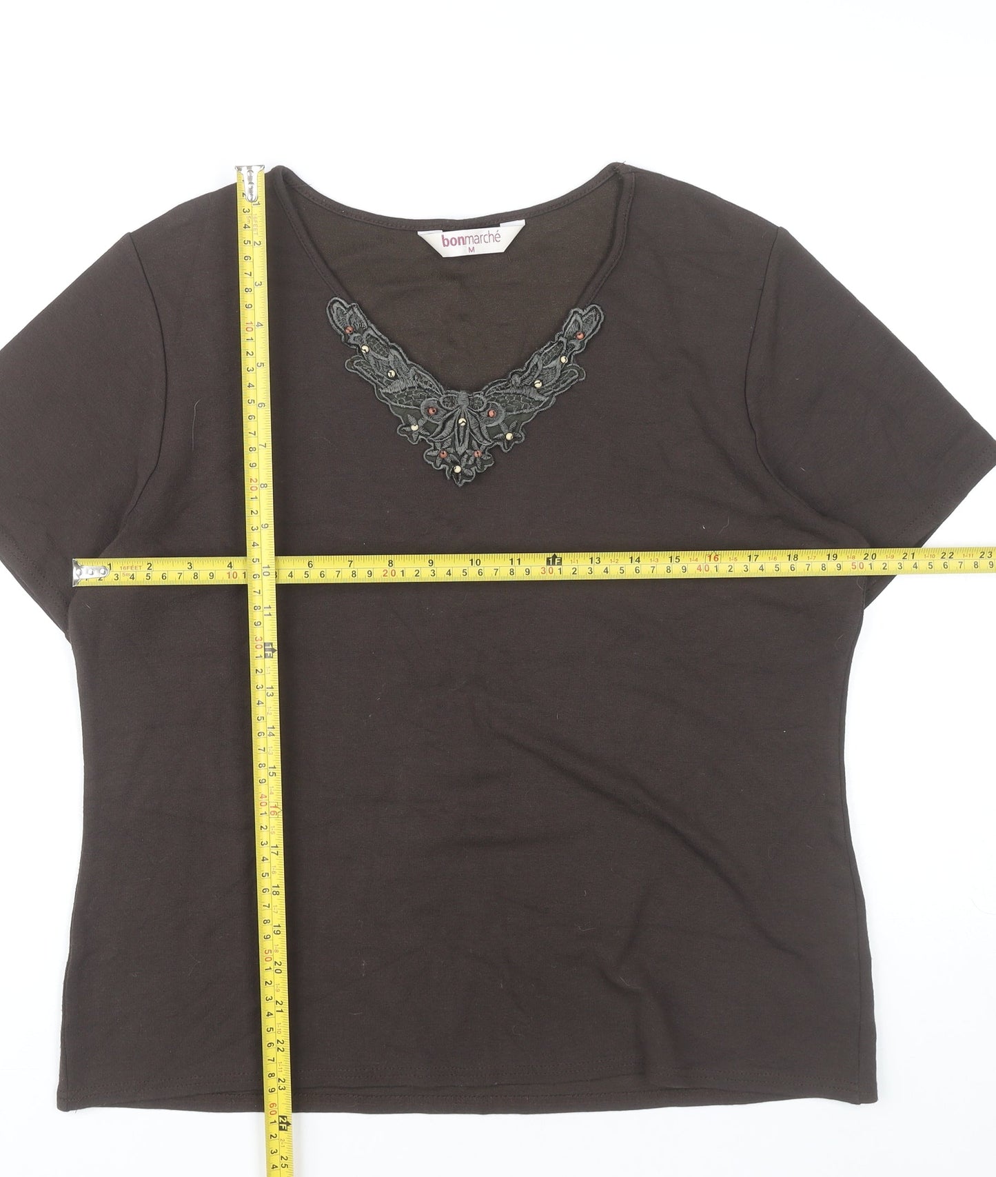Bonmarché Women’s Brown Embroidered V-Neck Short Sleeve T-Shirt Size 12