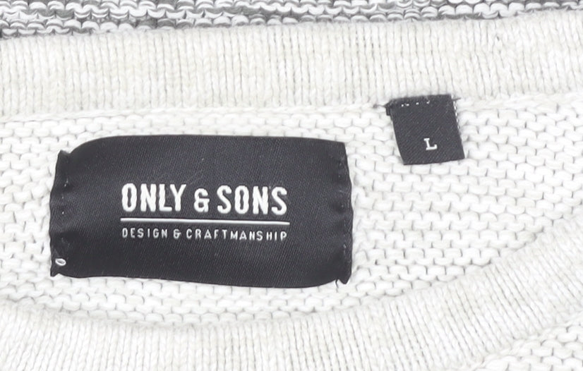 Only & Sons Mens Grey Cotton Knit Jumper L Crew Neck Long Sleeve