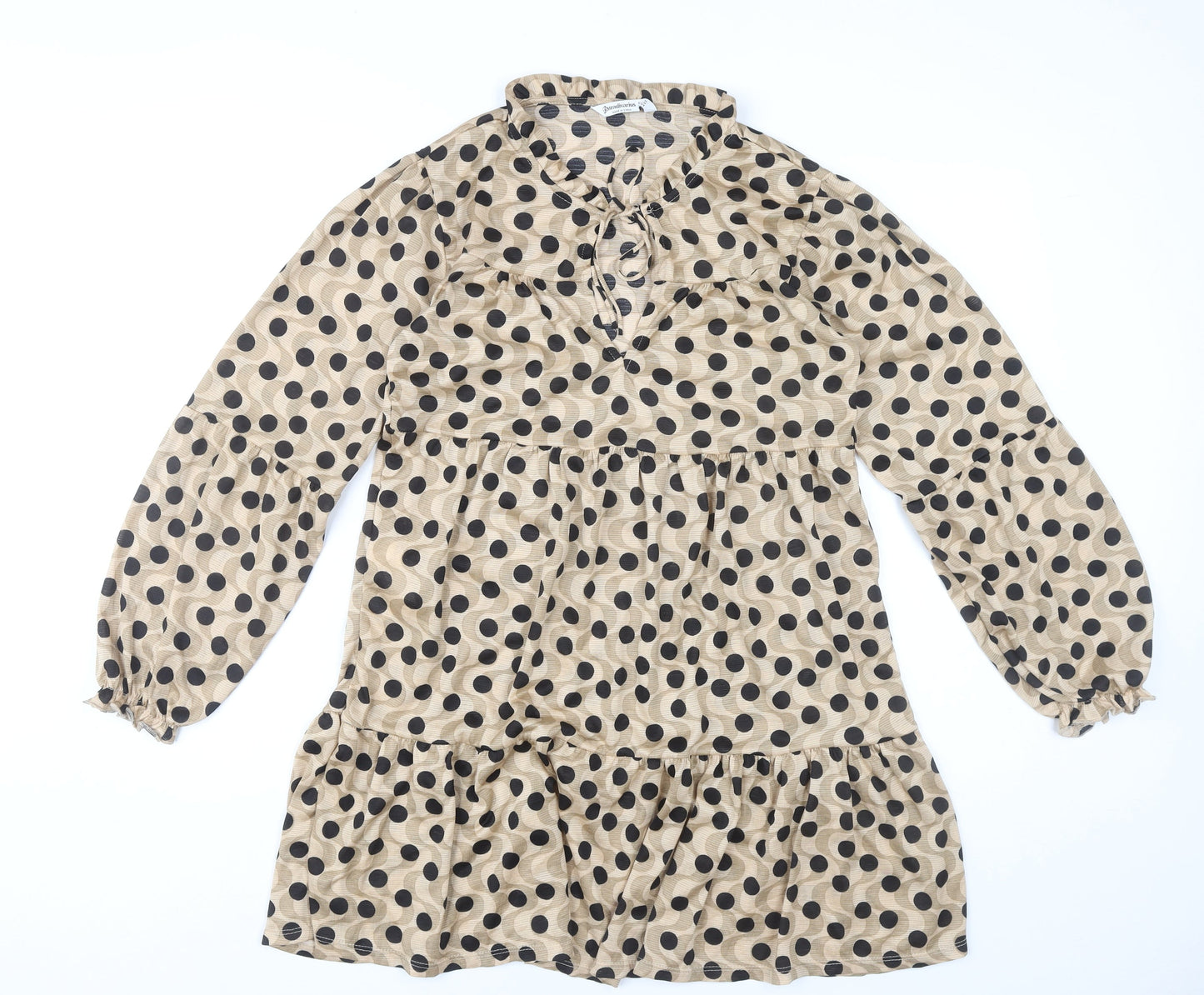 Stradivarius Women Beige Polka Dot Shift Dress Size 12 Long Sleeve