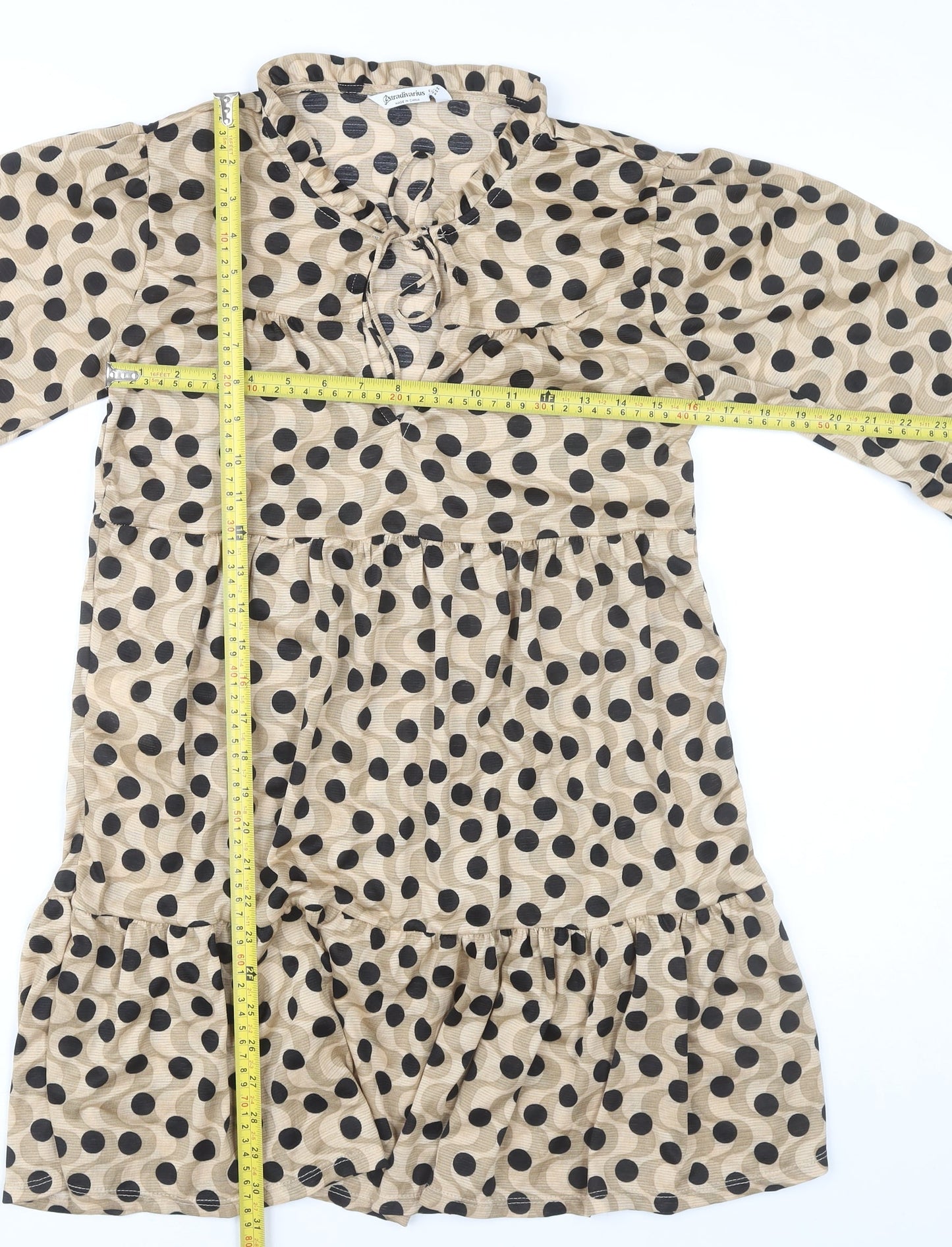 Stradivarius Women Beige Polka Dot Shift Dress Size 12 Long Sleeve