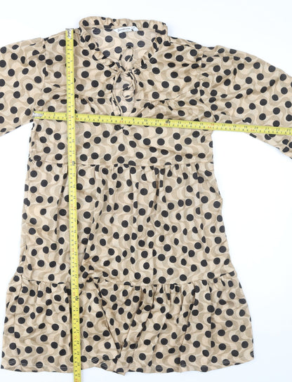 Stradivarius Women Beige Polka Dot Shift Dress Size 12 Long Sleeve