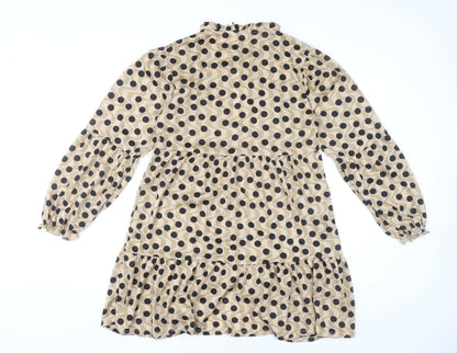 Stradivarius Women Beige Polka Dot Shift Dress Size 12 Long Sleeve