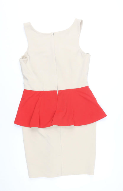 New Look Women’s Beige Red Peplum Bodycon Dress Size 14