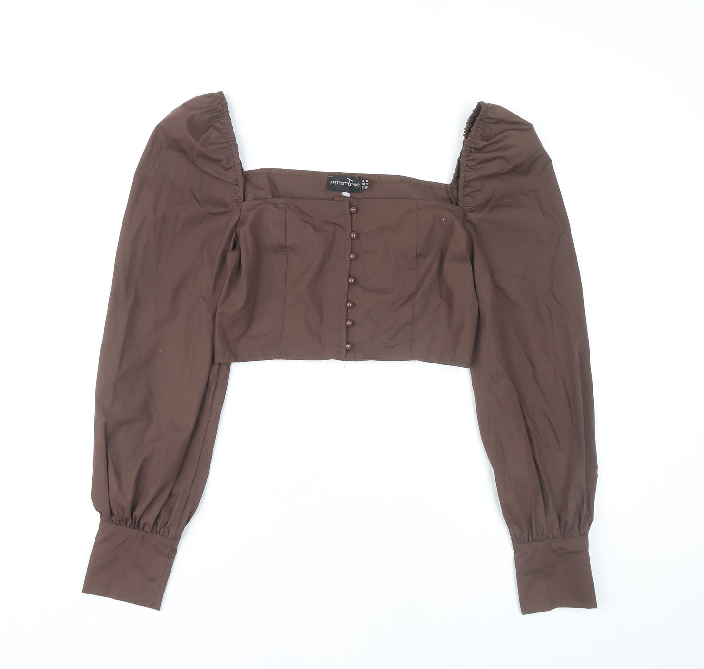 PrettyLittleThing Womens Brown Puff Sleeve Cropped Blouse UK 8
