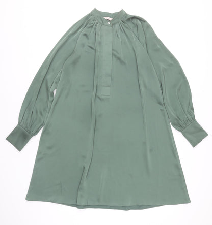 H&M Women Green Shift Dress XS Long Sleeve Polyester Knee Length