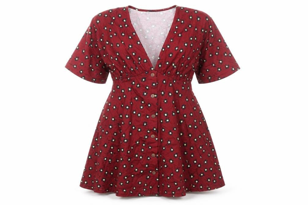 Front view of ASOS DESIGN Women’s Red Floral A-Line Button Dress UK 10