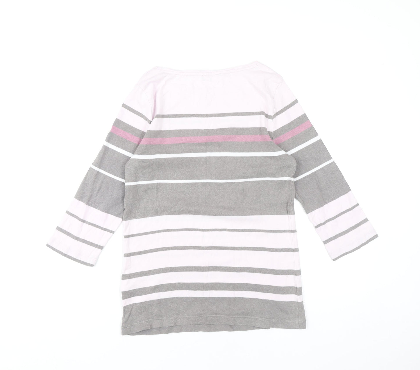 Olsen Women’s Pink Grey White Striped 3/4 Sleeve Cotton T-Shirt Size 12