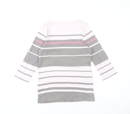 Olsen Women’s Pink Grey White Striped 3/4 Sleeve Cotton T-Shirt Size 12
