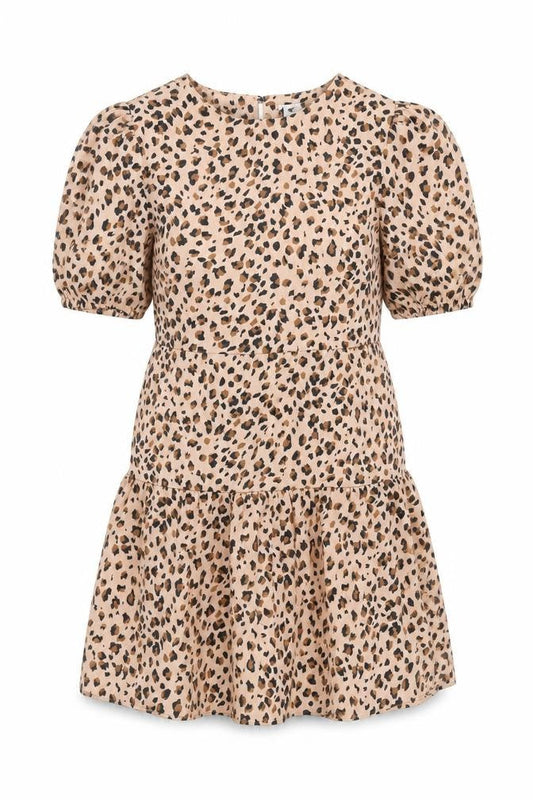 Lola May Women Beige Leopard Print Shift Dress Size 10 Short Puff Sleeve