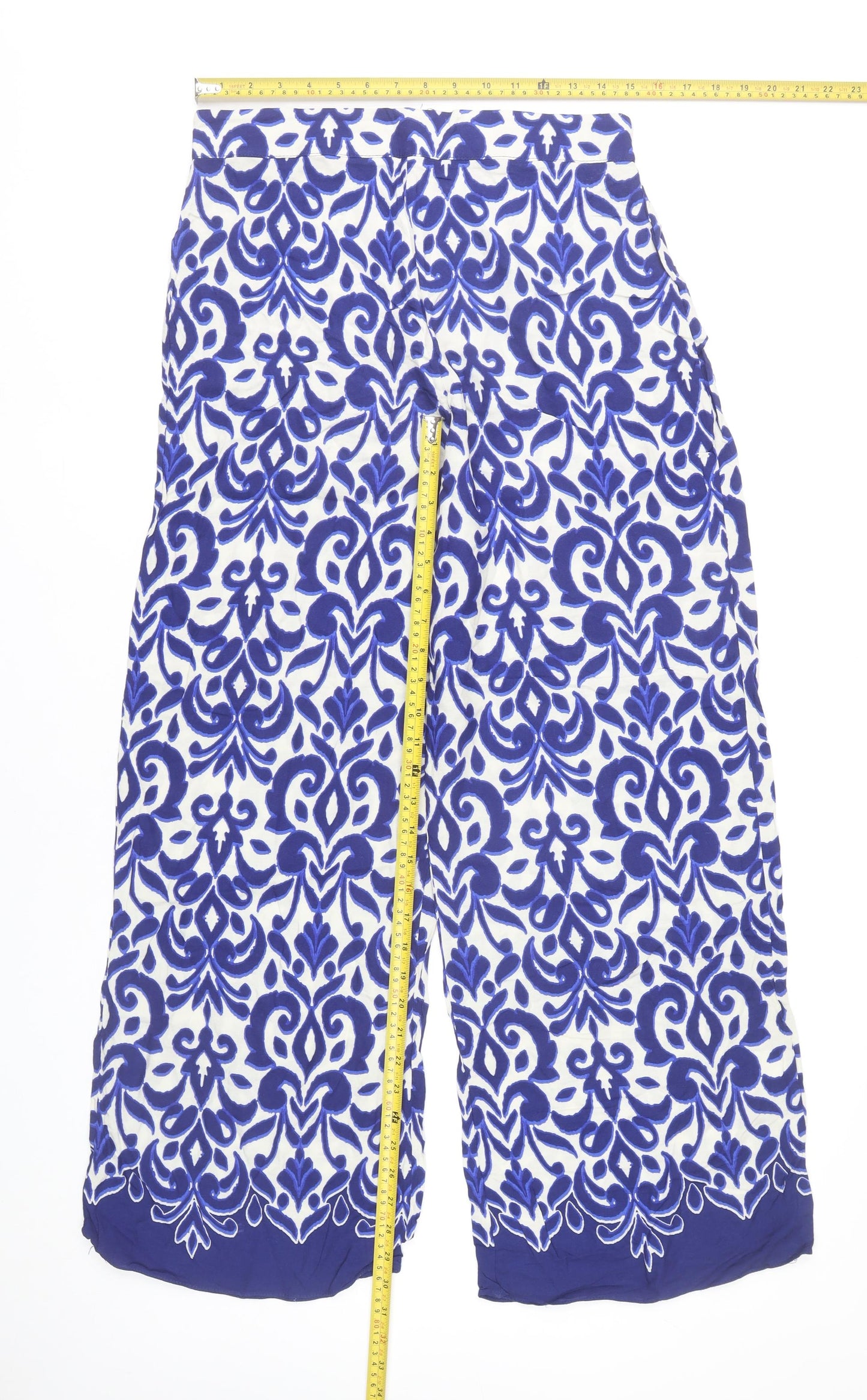 New Look Womens Blue White Wide-Leg Trousers Size 12 Viscose