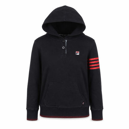 Front view of Fila women’s black henley hoodie, size UK 8, uk sports casual