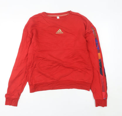 Adidas Women Red Sweatshirt UK 12 Crew Neck Graphic Print Cotton