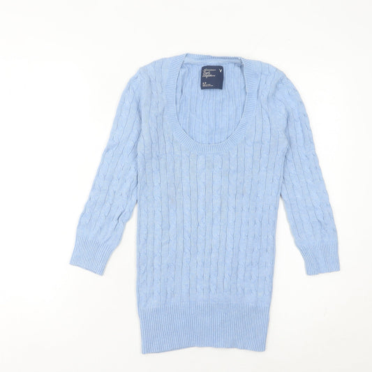 American Eagle Women’s Blue Cable Knit Jumper Size S Scoop Neck