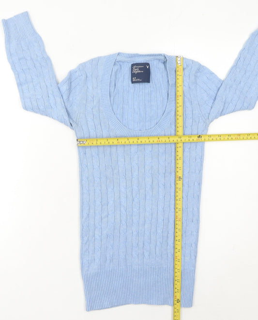 American Eagle Women’s Blue Cable Knit Jumper Size S Scoop Neck