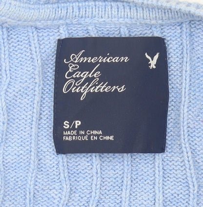 American Eagle Women’s Blue Cable Knit Jumper Size S Scoop Neck