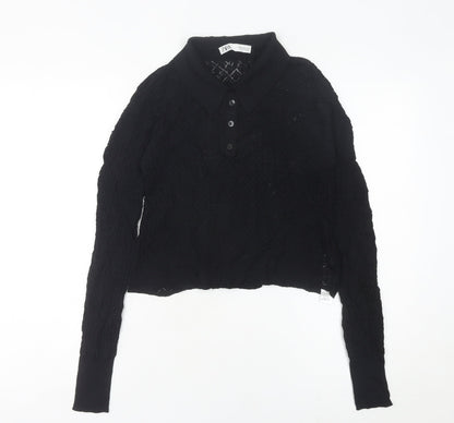 Zara Womens Black Collared Knit Button-Up Cropped Top Size 12