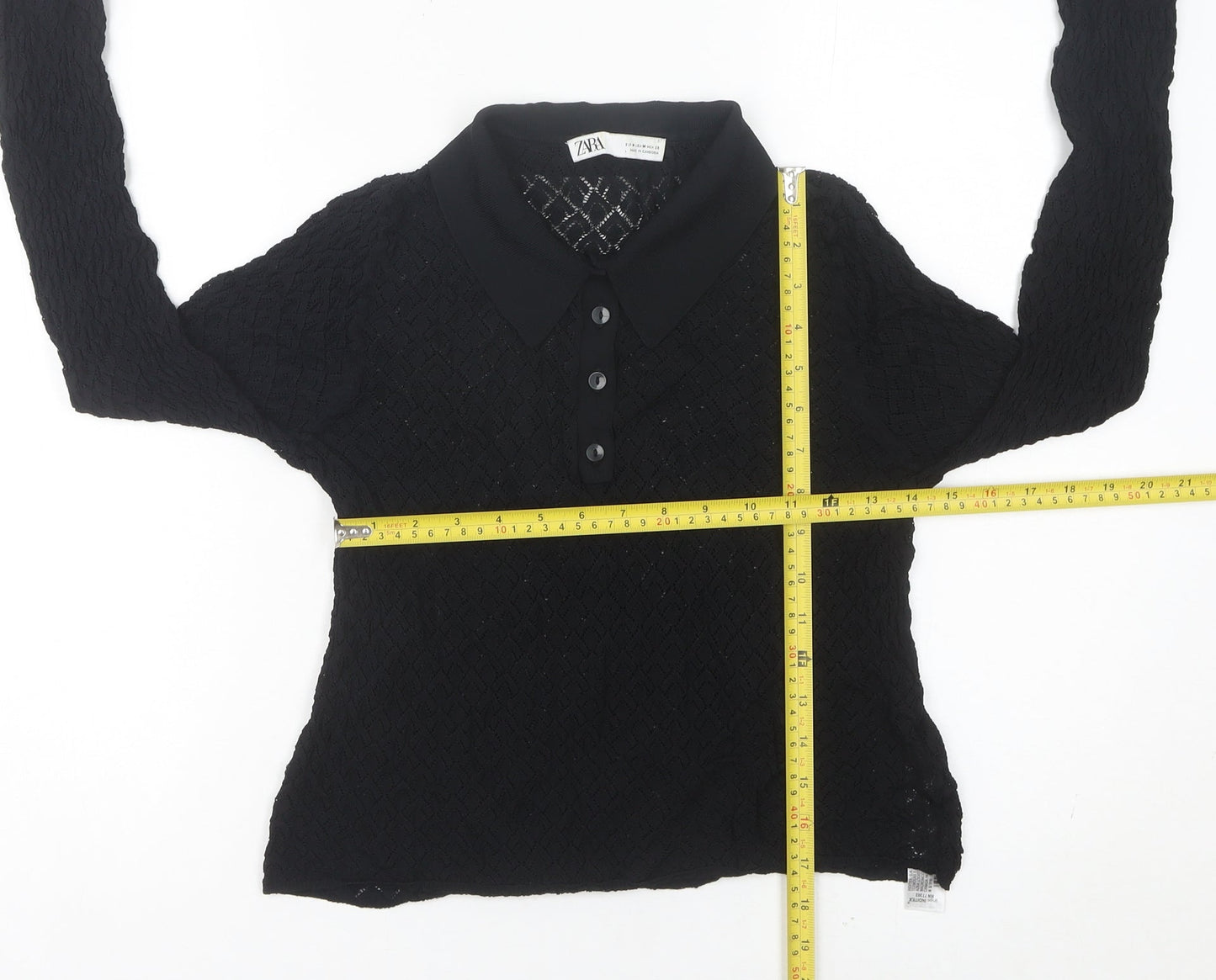 Zara Womens Black Collared Knit Button-Up Cropped Top Size 12