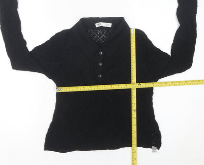 Zara Womens Black Collared Knit Button-Up Cropped Top Size 12