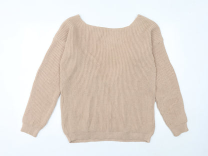 Boohoo Women’s Beige Tall V-Neck Chunky Knit Pullover Jumper M