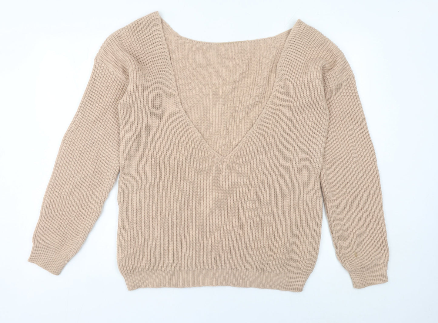 Boohoo Women’s Beige Tall V-Neck Chunky Knit Pullover Jumper M