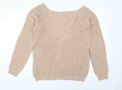 Boohoo Women’s Beige Tall V-Neck Chunky Knit Pullover Jumper M