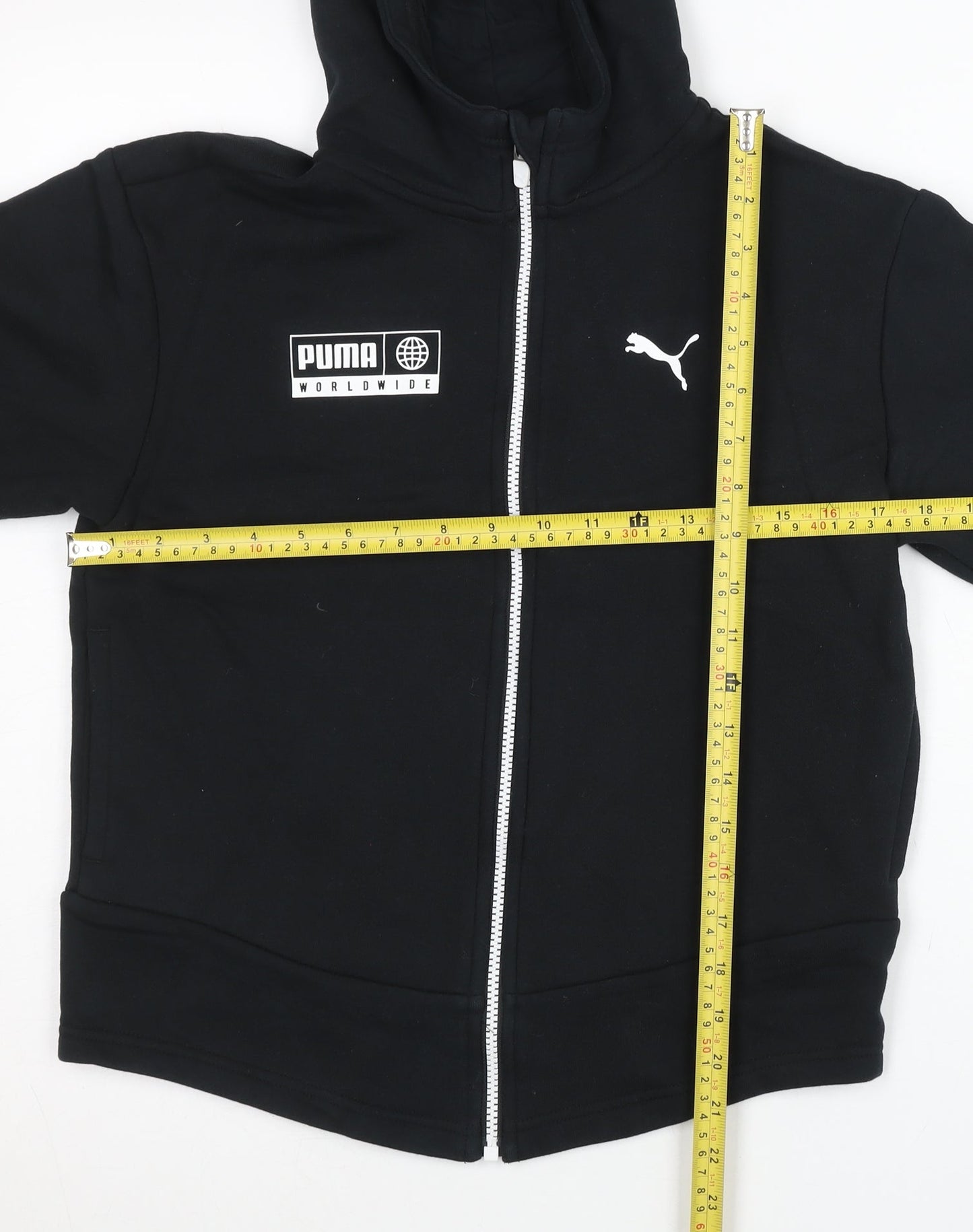 Puma Unisex Kids Black Full Zip Hoodie 11-12Y Cotton Blend Sportswear