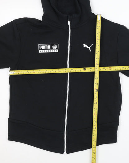 Puma Unisex Kids Black Full Zip Hoodie 11-12Y Cotton Blend Sportswear