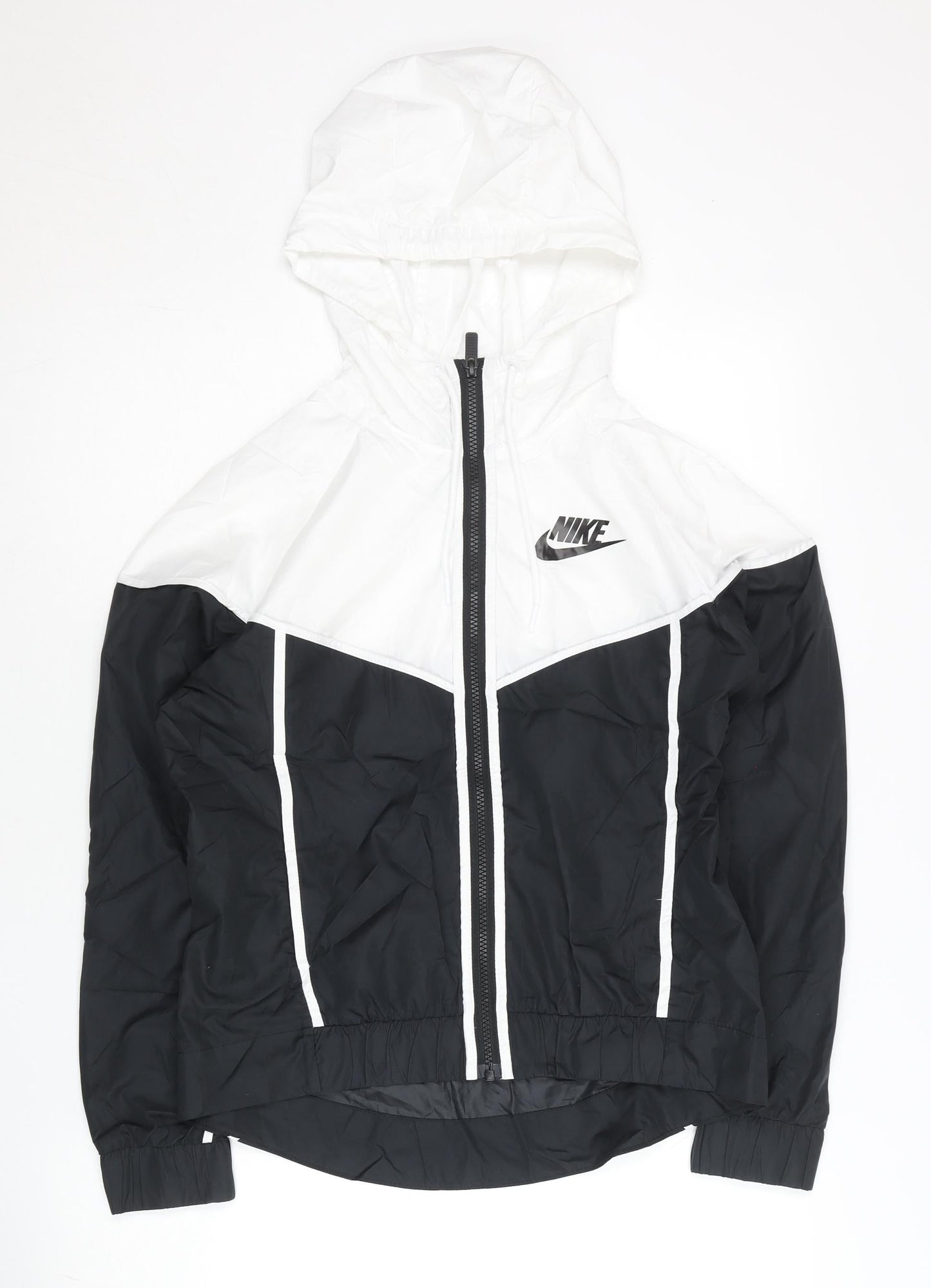 Nike Women’s Black White Windbreaker Jacket Size S Hooded Polyester