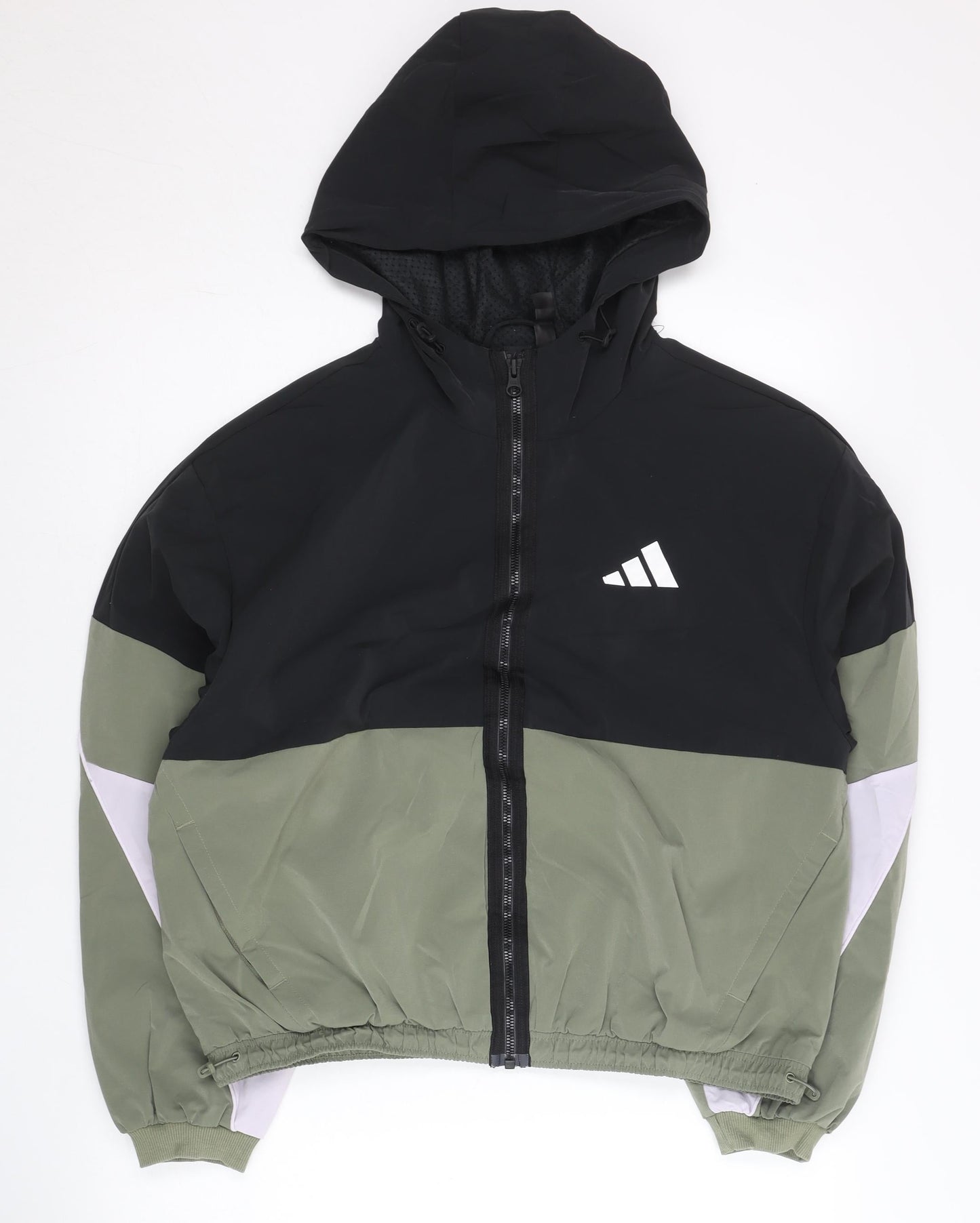 Adidas Womens Black Green Size 12 Windbreaker Jacket Hoodie