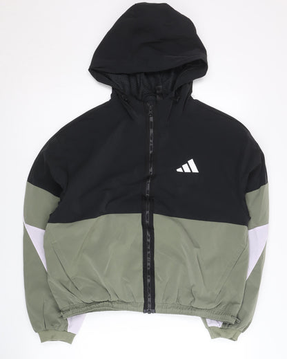 Adidas Womens Black Green Size 12 Windbreaker Jacket Hoodie