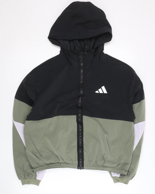 Adidas Womens Black Green Size 12 Windbreaker Jacket Hoodie