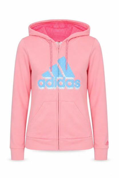 Front view of Adidas women’s pink full zip hoodie, size UK 8, uk logo print sportswear