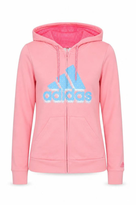 Front view of Adidas women’s pink full zip hoodie, size UK 8, uk logo print sportswear