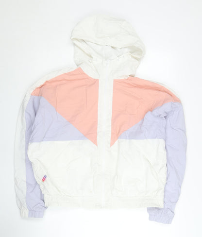 Xtep Womens White Pink Purple Windbreaker Jacket Size 16 Hooded Lightweight