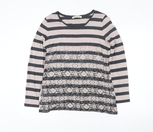 Betty Barclay Womens Grey Beige Stripe Lace Long Sleeve T-Shirt Size 12