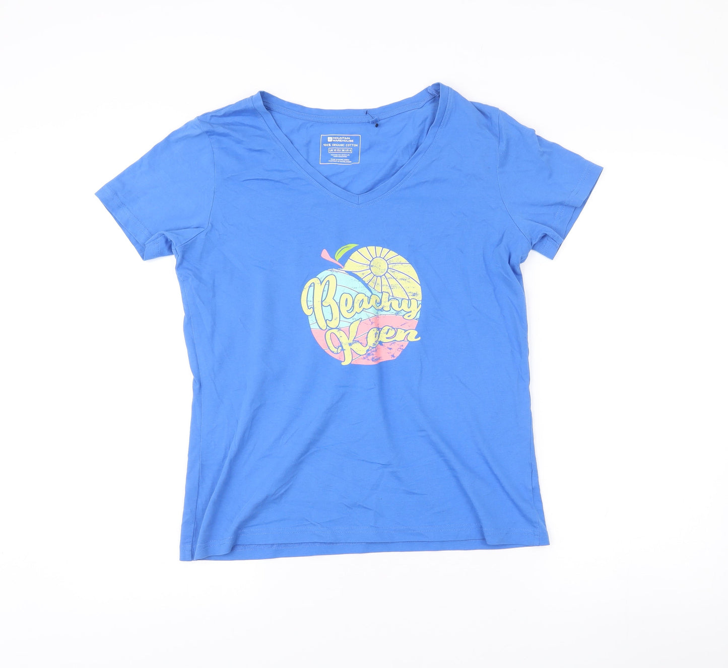 Mountain Warehouse Women’s Blue Cotton V-Neck T-Shirt UK 10 Beach Graphic