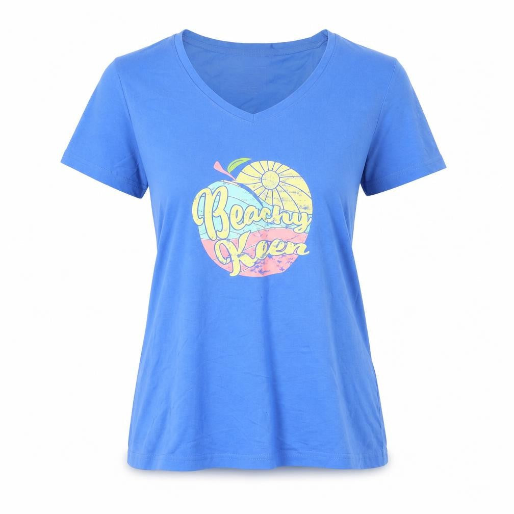 Mountain Warehouse Women’s Blue Cotton V-Neck T-Shirt UK 10 Beach Graphic