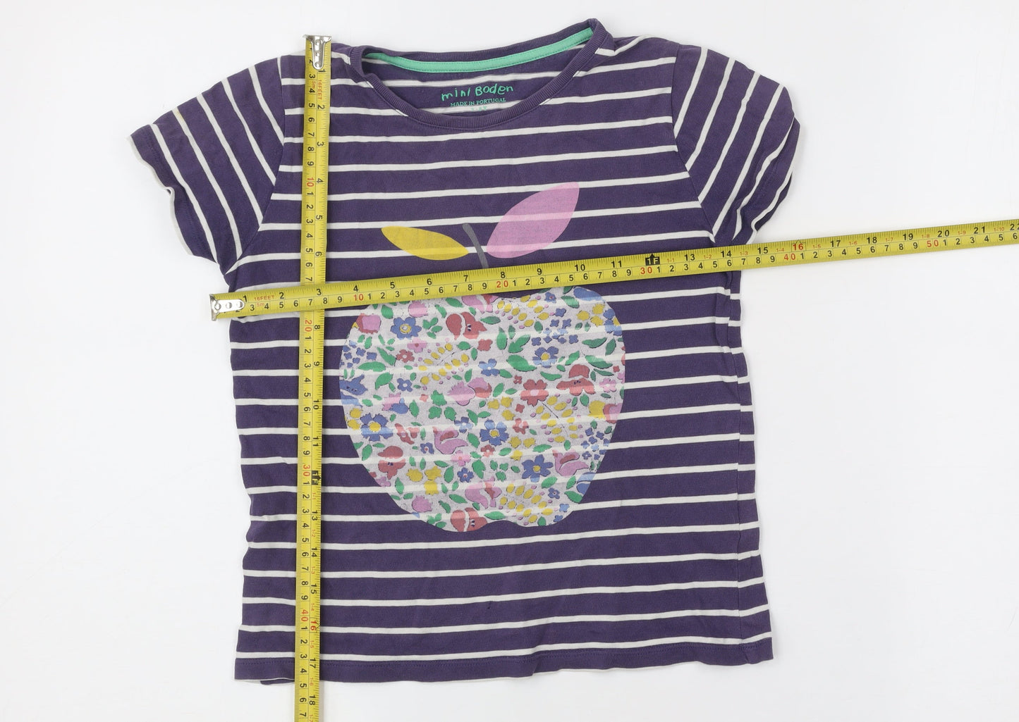 Mini Boden Girls Purple Striped T-Shirt 12-14Y Cotton Crew Neck Graphic