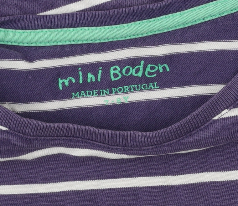 Mini Boden Girls Purple Striped T-Shirt 12-14Y Cotton Crew Neck Graphic